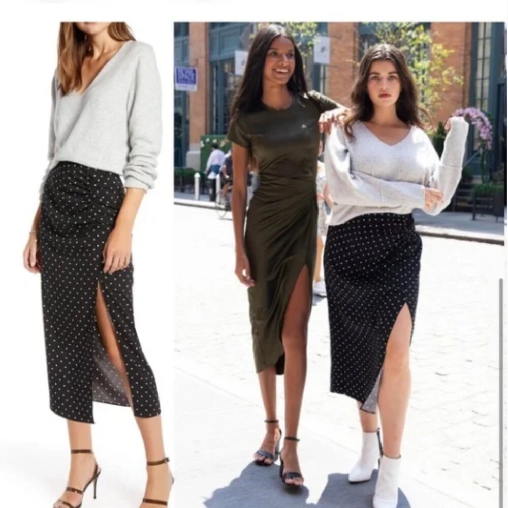 NWOT - Something Navy Rouched Midi Slip Skirt Black w. White Polka Dot - Size S - Picture 2 of 11